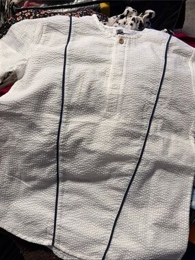 Kids White Button-Front Textured Shirt with Navy Trim